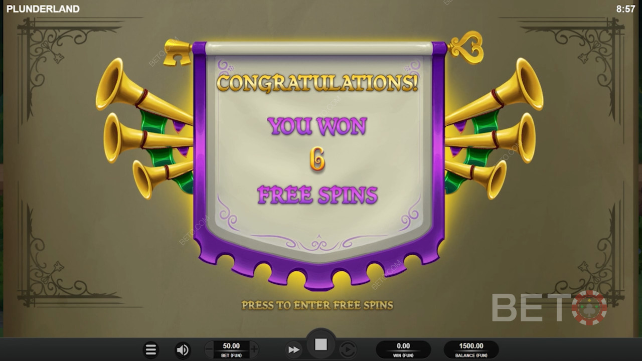 Få 6 Gratis Spins ved at lande 3 Scatters på hjulene i Plunderland