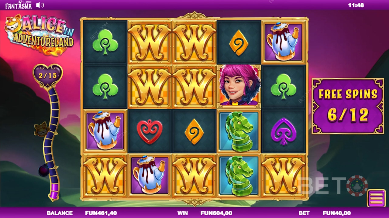 Skab nemme gevinstkombinationer med gratis spins i Alice i Eventyrland spilleautomat