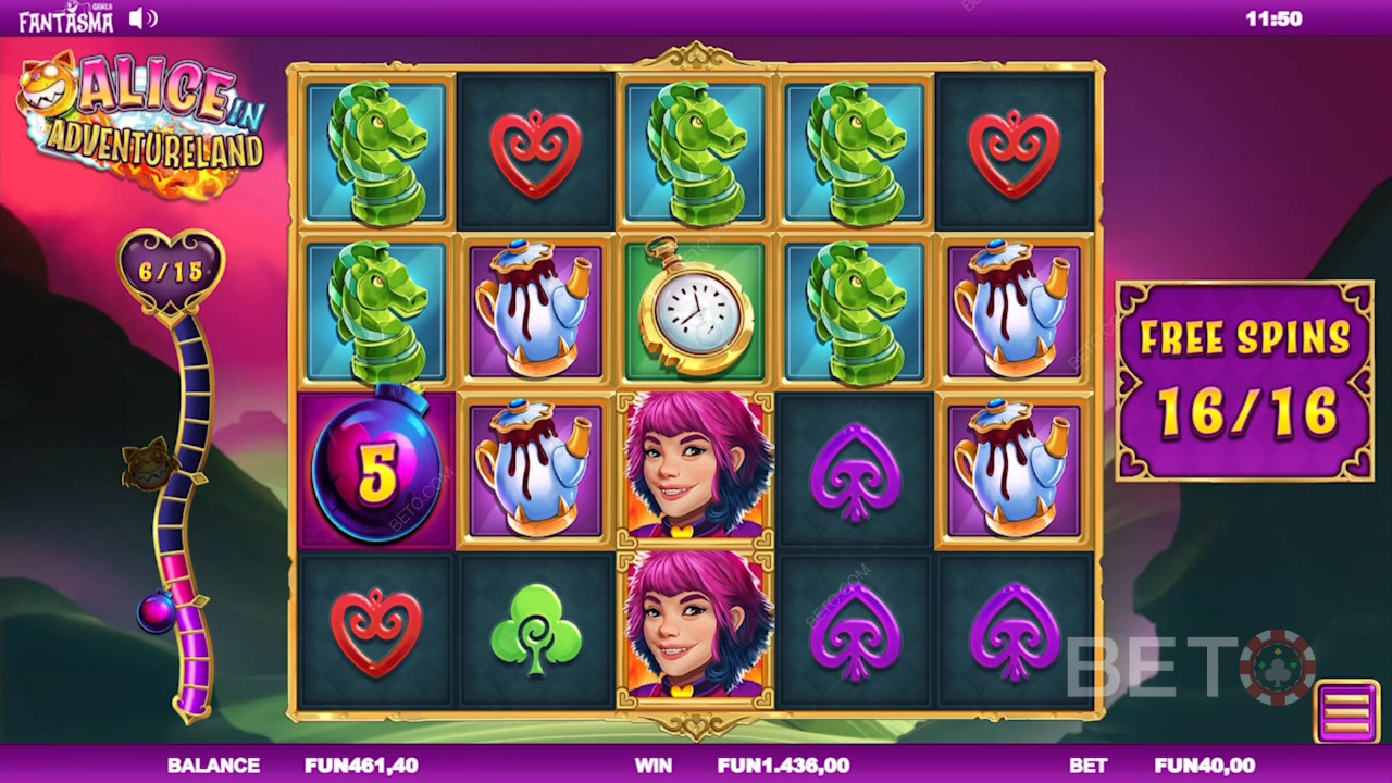 Saml Scatters og udløs funktioner i Free Spins i Alice i Eventyrland spilleautomaten