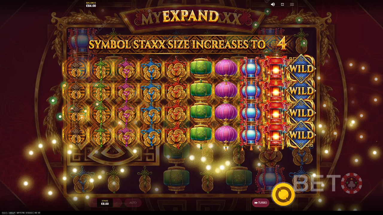 Ét spin med udvidede symboler kan give store gevinster i Mystic Staxx spilleautomat