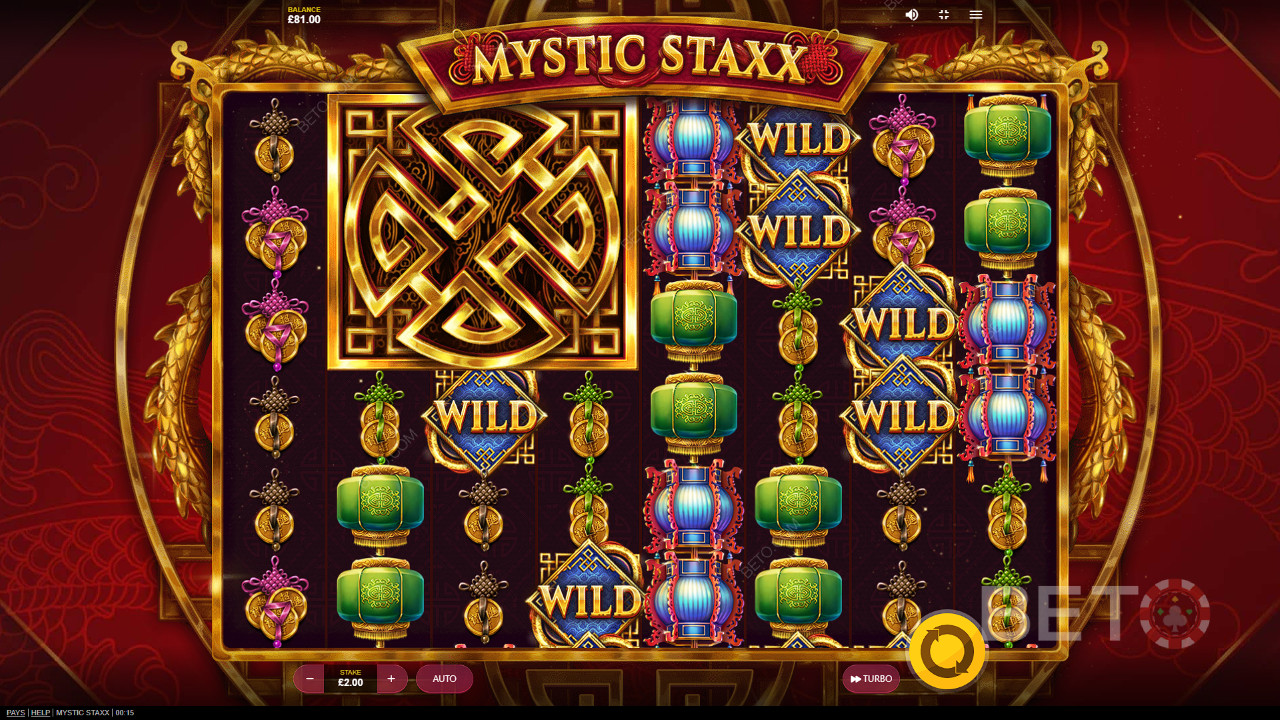Forøg stakken med 3x3 Expand-symbolet på hjulene i Mystic Staxx