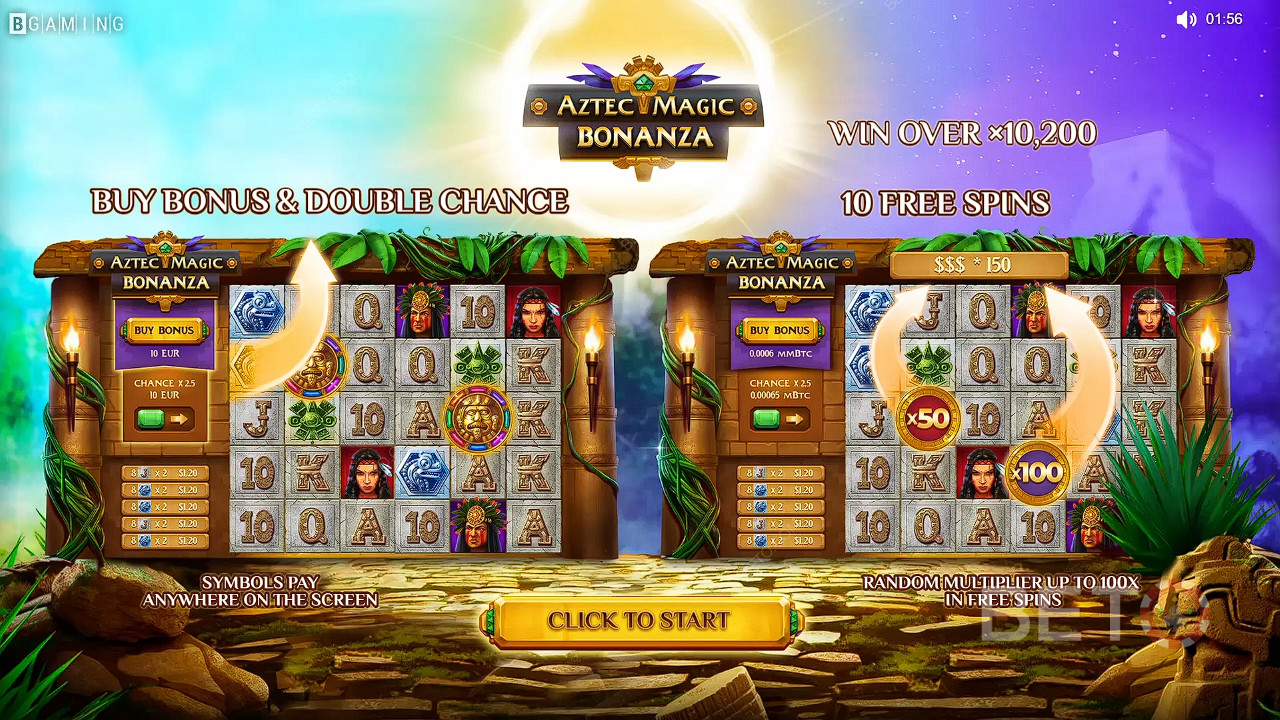 Nyd Køb Bonus, Dobbelt Chance og Free Spins på Aztec Magic Bonanza spillemaskinen
