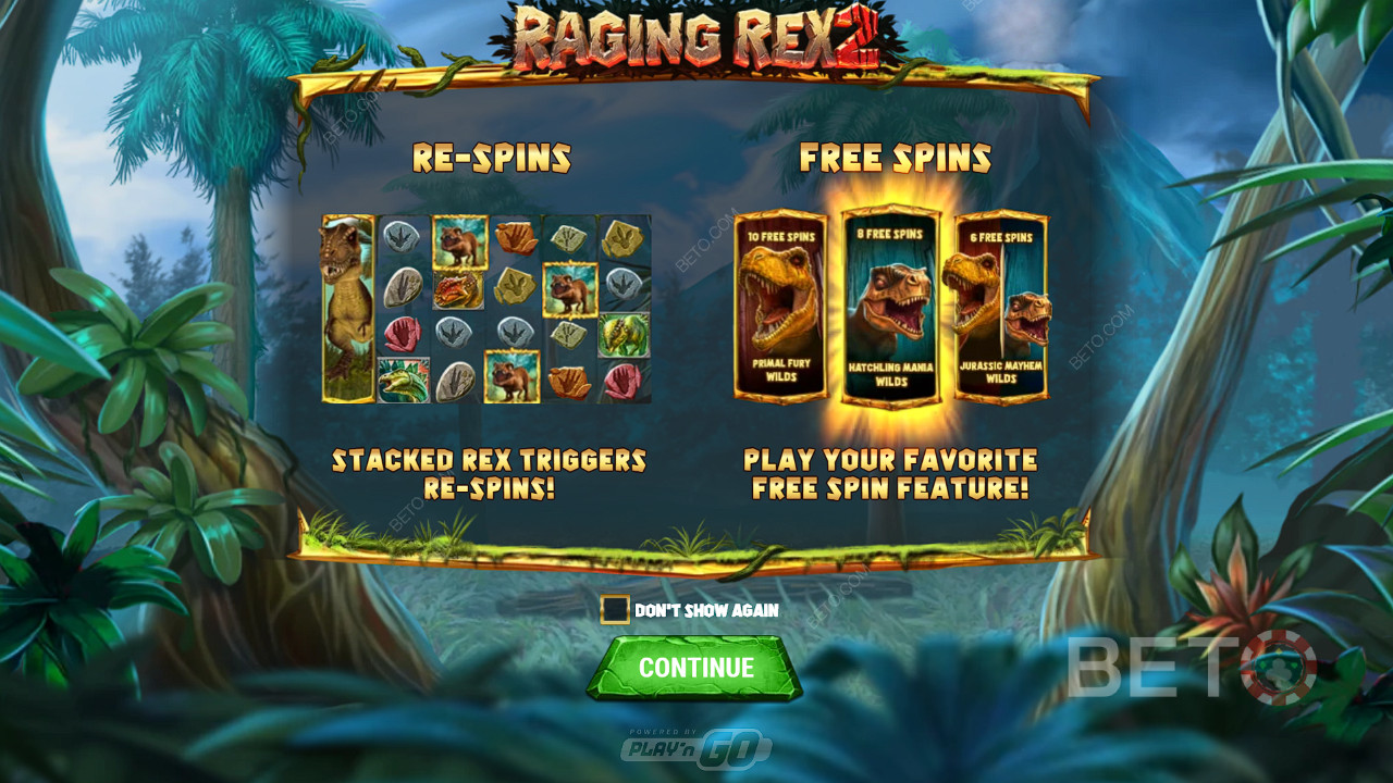 Nyd Genspil og 3 typer Gratis Spins i Raging Rex 2 automaten