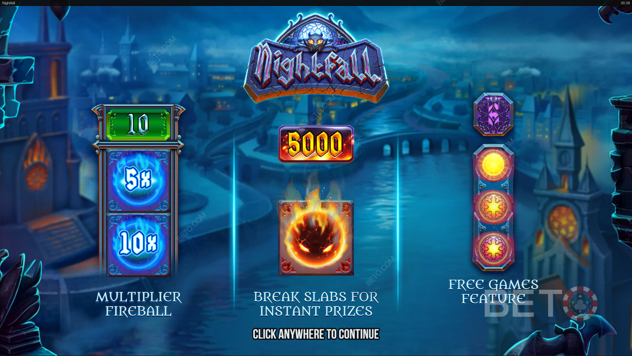 Nyd fantastiske funktioner som Multiplikator-ildkugler og Gratis Spins i Nightfall-spilleautomaten
