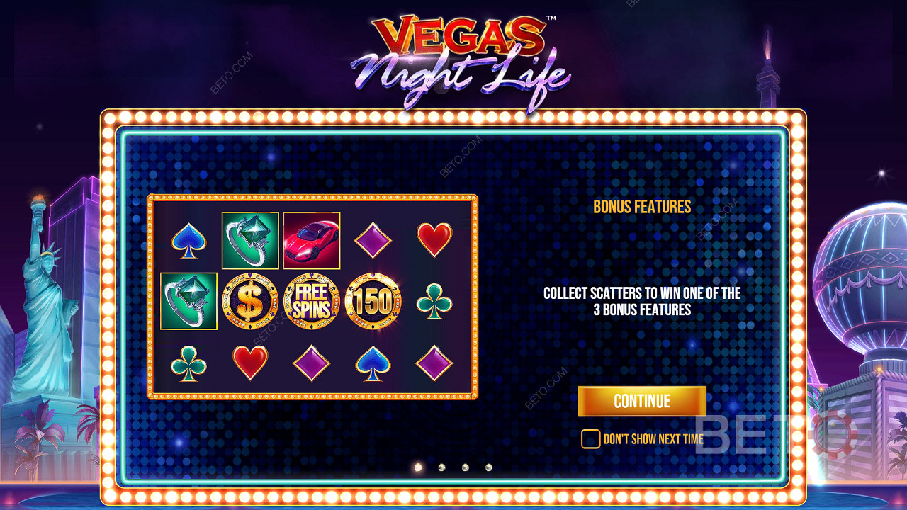 3 Scatters giver dig en af bonusserne på Vegas Night Life spillemaskinen