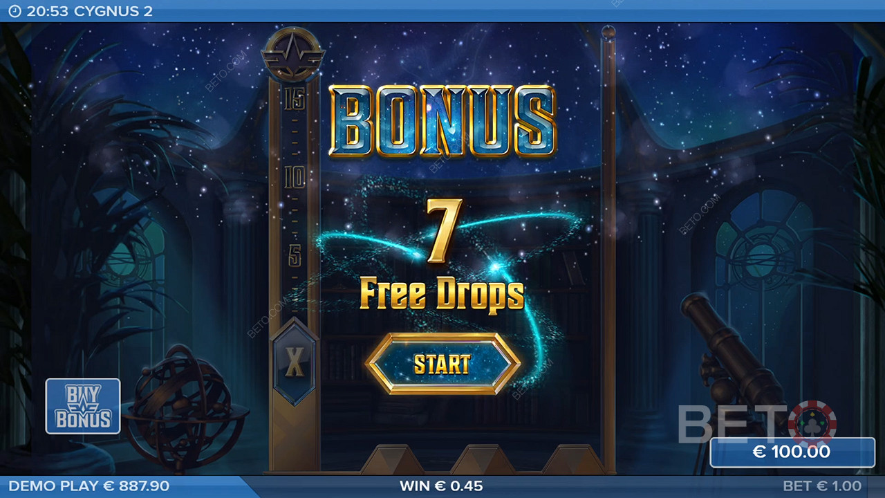 Du udløser 7 Free Drops, når et bonussymbol lander på hjulet længst til venstre