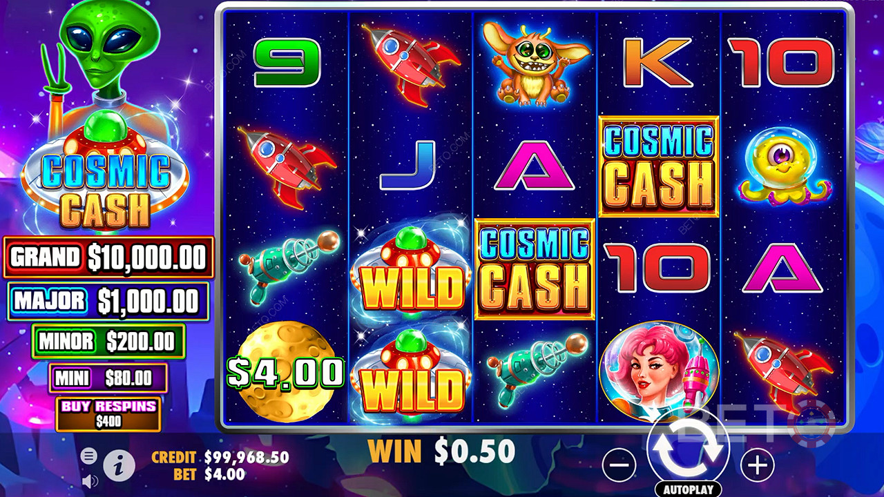 Der er masser af Wild symboler i hovedspillet på Cosmic Cash spilleautomaten