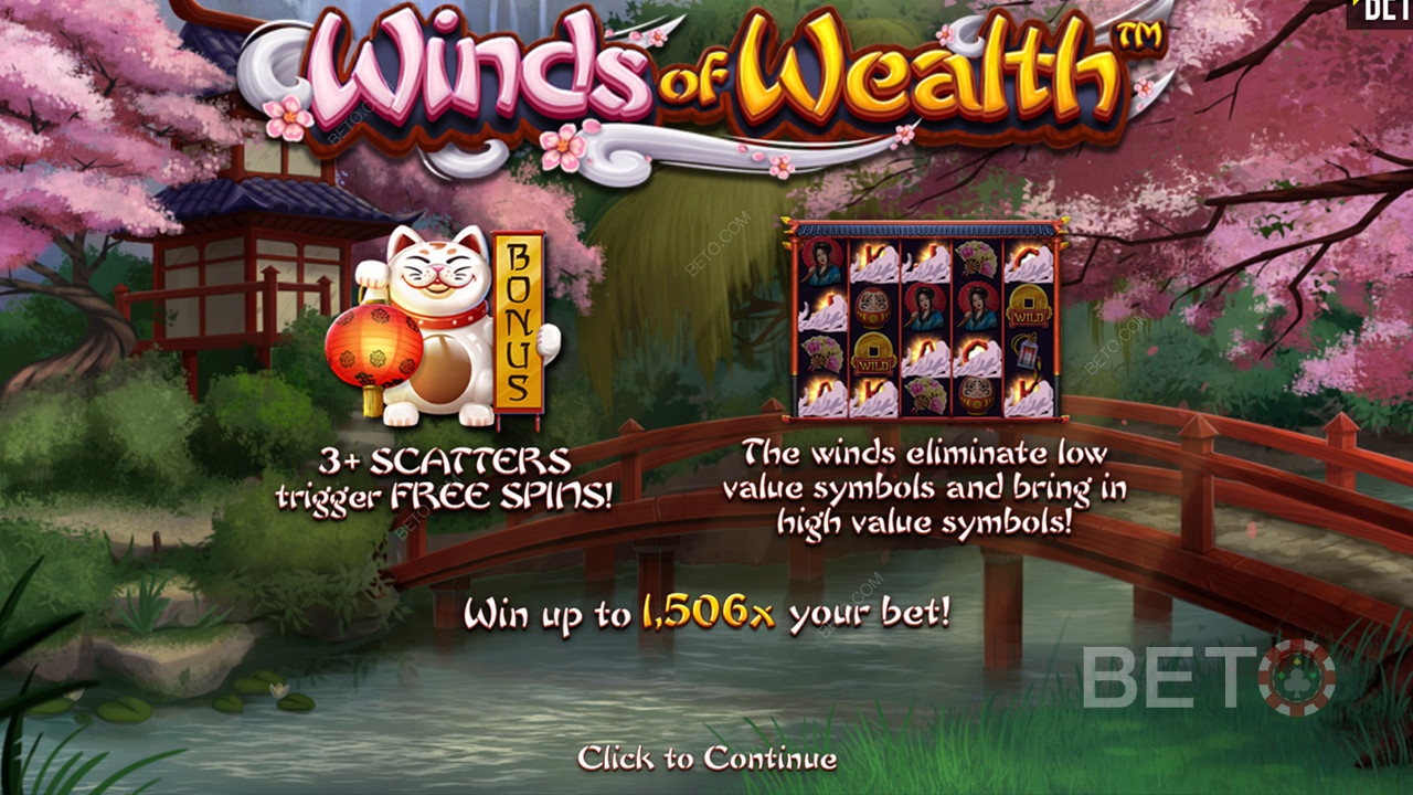 Den maksimale gevinst er 1.506x din indsats på Winds of Wealth online spilleautomaten
