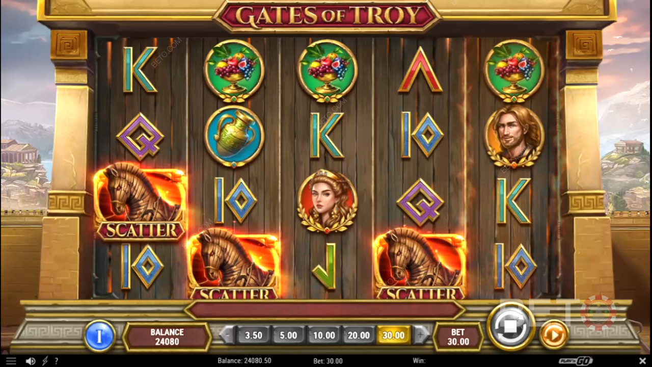 3 eller flere Scatter-symboler udløser Gratis Spins i Gates of Troy