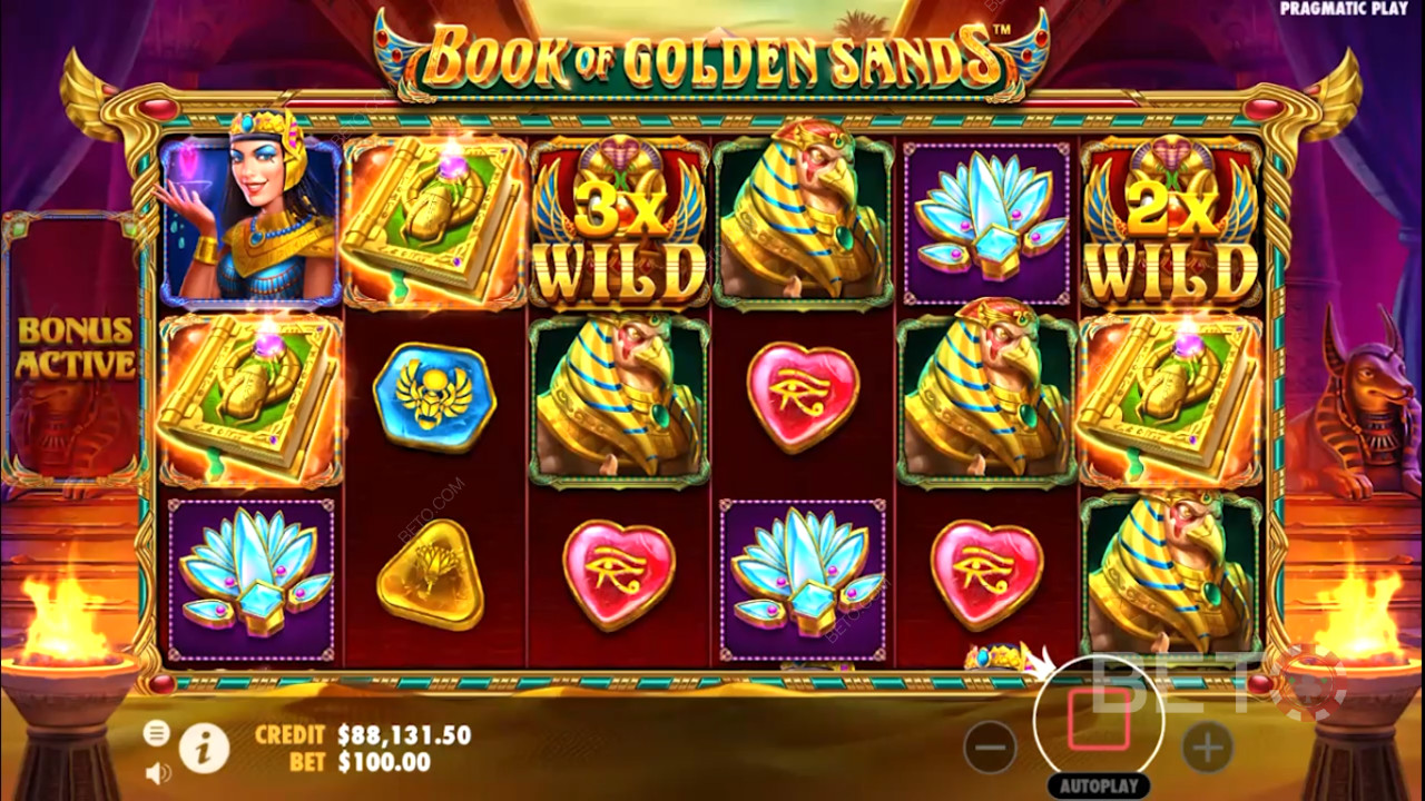 Multiplikatorer dukker op i Book of Golden Sands spilleautomat