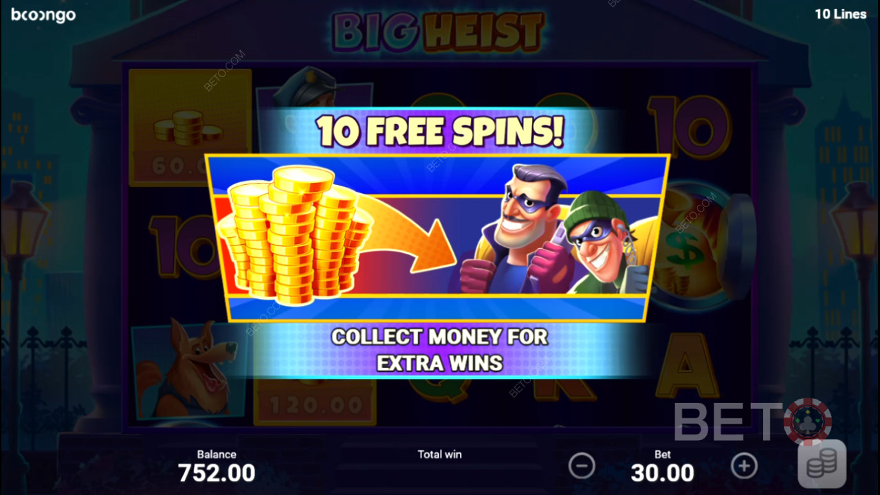Land 3 Scatter symboler for at aktivere Gratis Spins og få 10 ekstra gratis spins