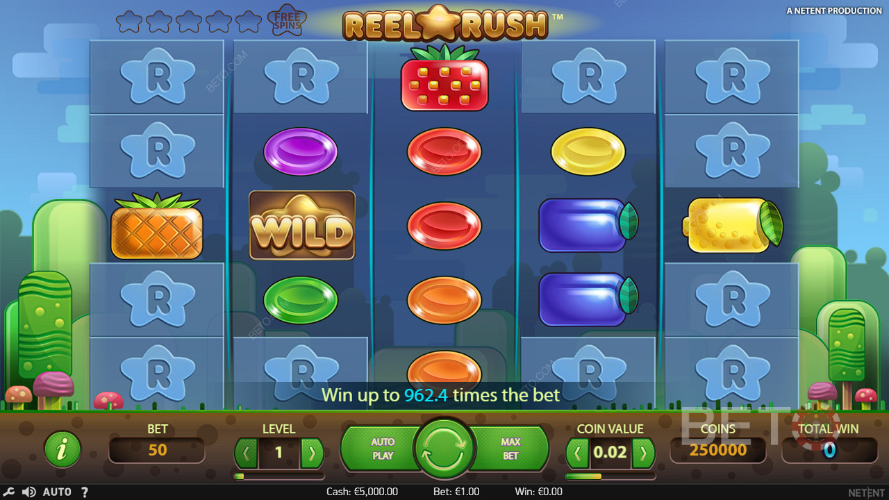 Wild symboler lander ofte og hjælper med at skabe gevinster på Reel Rush spilleautomaten