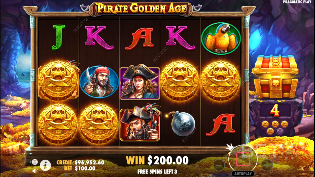 Mysteriesymboler optræder ofte i Free Spins i Pirate Golden Age online spillemaskine.