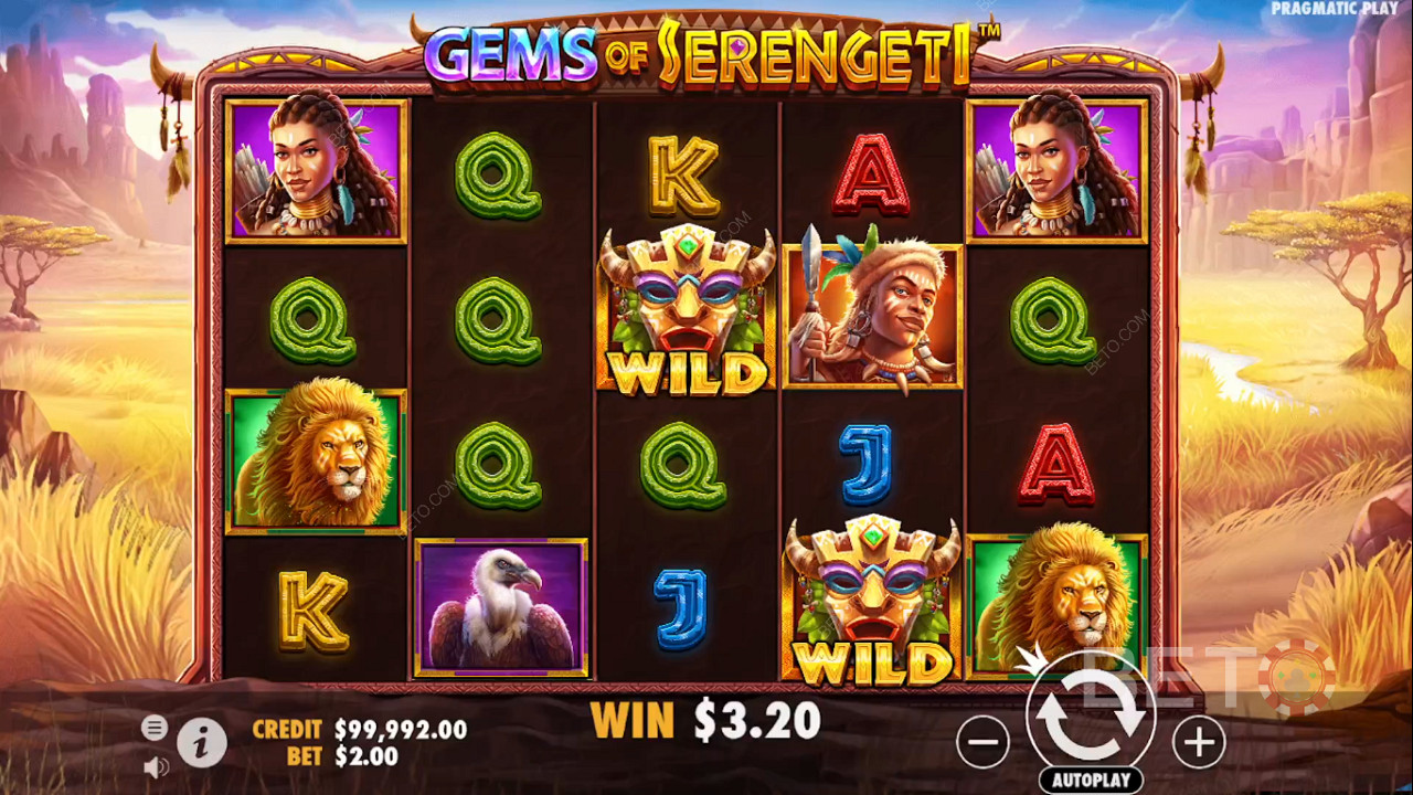 Nyd den smukke grafik og temaet i Gems of Serengeti online spillemaskinen