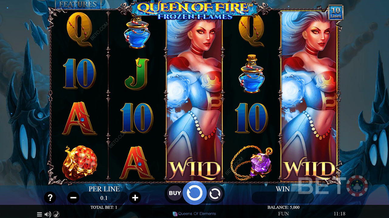 Nyd ekspanderende wilds i grundspillet i Queen of Fire - Frozen Flames