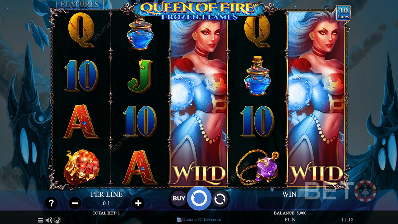Nyd Expanding Wilds i grundspillet i spilleautomaten Queen of Fire - Frozen Flames