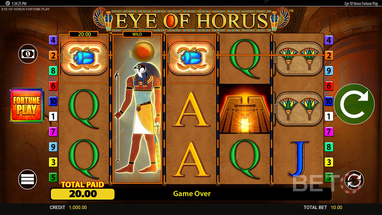 Vind 50.000 gange din indsats i Eye of Horus Fortune Play spilleautomat!