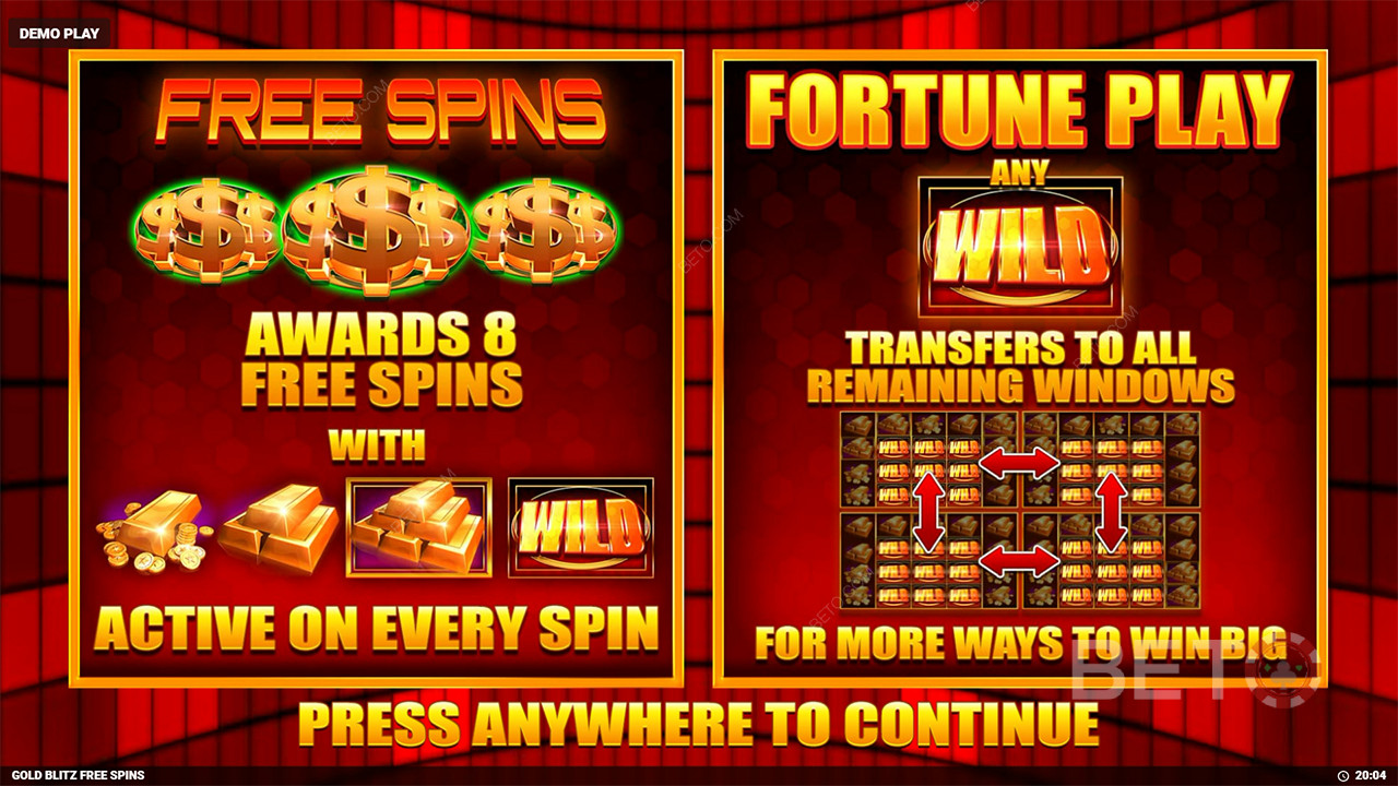 Bonusfunktioner forklaret i Gold Blitz gratisspil fra Blueprint