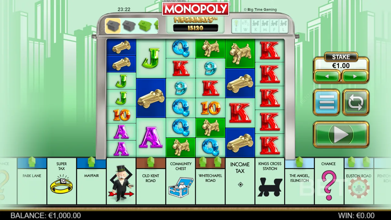 Eksempel på gameplay i Monopoly Megaways, der viser flotte animationer